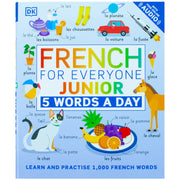 Children's book cover titled "French for Everyone Junior 5 Words a Day" by DK, featuring colorful French language learning illustrations.