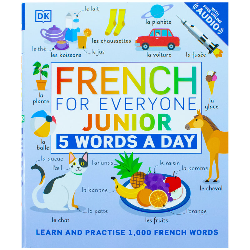 Children's book cover titled "French for Everyone Junior 5 Words a Day" by DK, featuring colorful French language learning illustrations.