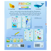 Children's French language book titled "French for Everyone Junior" by DK, featuring colorful cover with French words and illustrations.