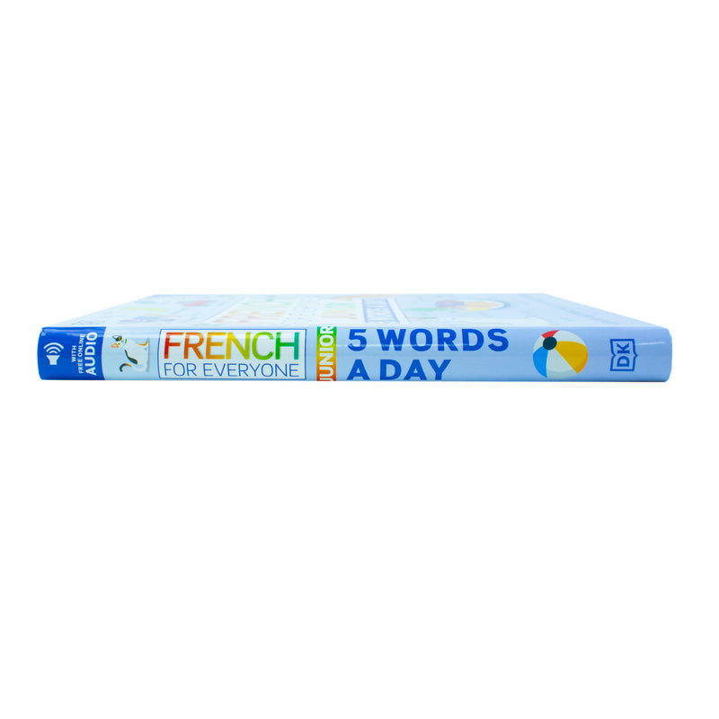 Children's book cover titled "French for Everyone Junior 5 Words a Day" by DK, featuring colorful illustrations and French vocabulary.