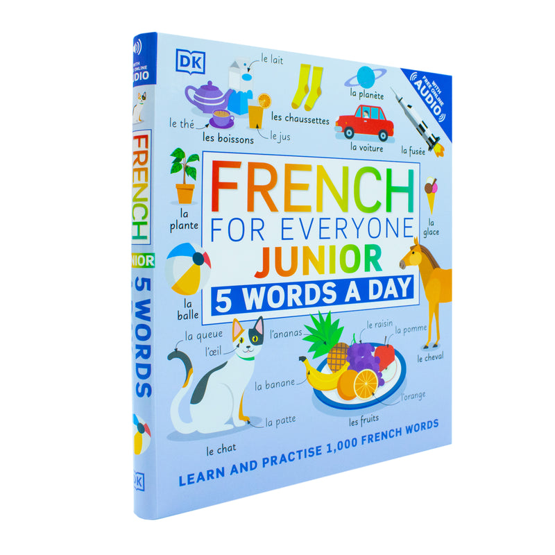 DK French for Everyone Junior book cover featuring colorful text and illustrations of children learning French vocabulary.