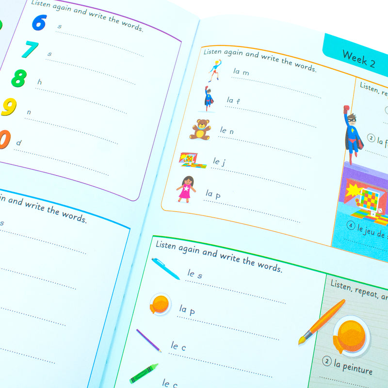 Children's French learning book titled "French for Everyone Junior 5 Words a Day" by DK, featuring colorful cover with French language visuals.