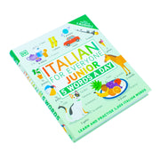 Children's book cover titled "Italian for Everyone Junior 5 Words a Day" by DK, featuring colorful illustrations and Italian vocabulary.