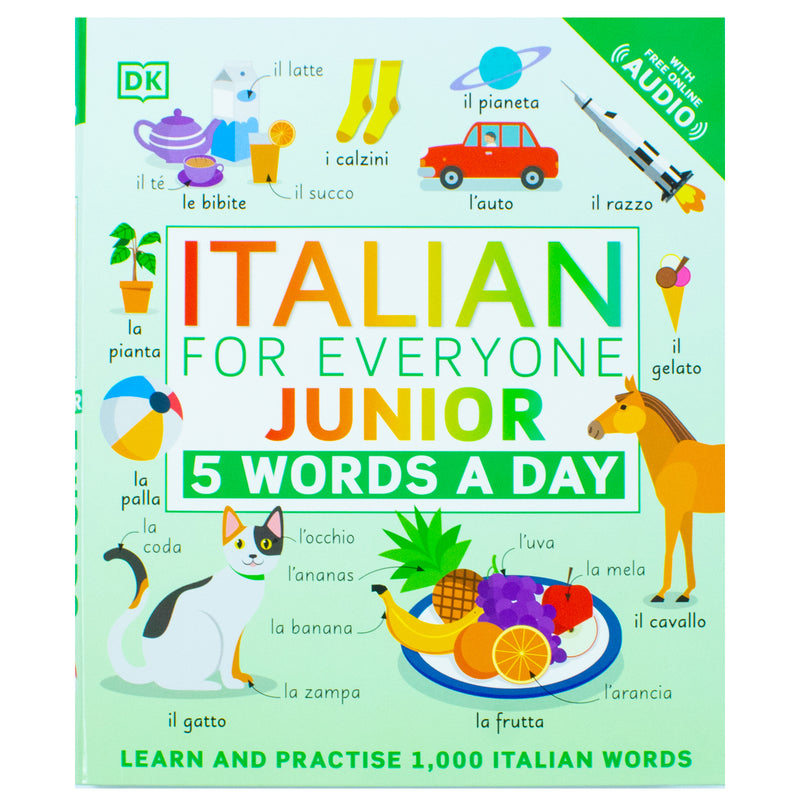 DK Children Italian for Everyone Junior book cover displaying the title, author, and colorful Italian-themed illustrations.