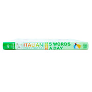Children's book cover titled "Italian for Everyone Junior 5 Words a Day" by DK, featuring colorful Italian language learning graphics.