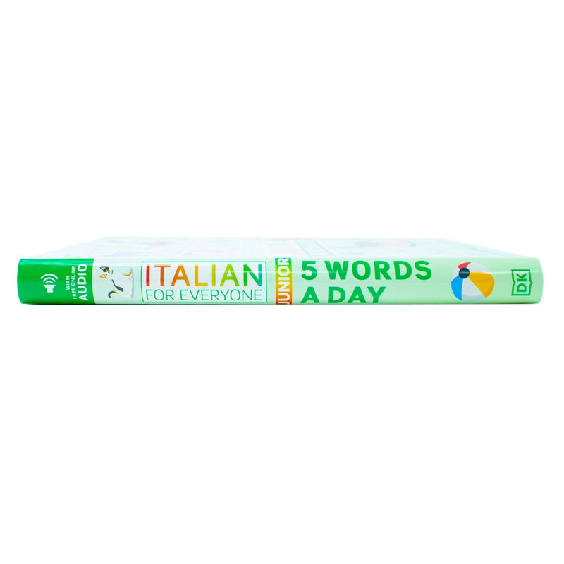 Children's book cover titled "Italian for Everyone Junior 5 Words a Day" by DK, featuring colorful Italian language learning graphics.