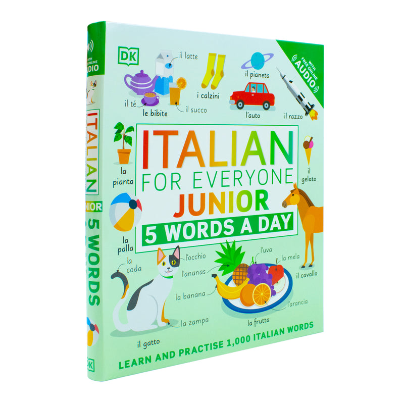 Book cover of "Italian for Everyone Junior 5 Words a Day" by DK Children, featuring colorful illustrations and Italian language learning themes.