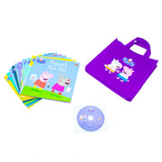 Ladybird Peppa Pig purple bag with 10 book collection set and CD, featuring colorful Peppa Pig characters and story titles.