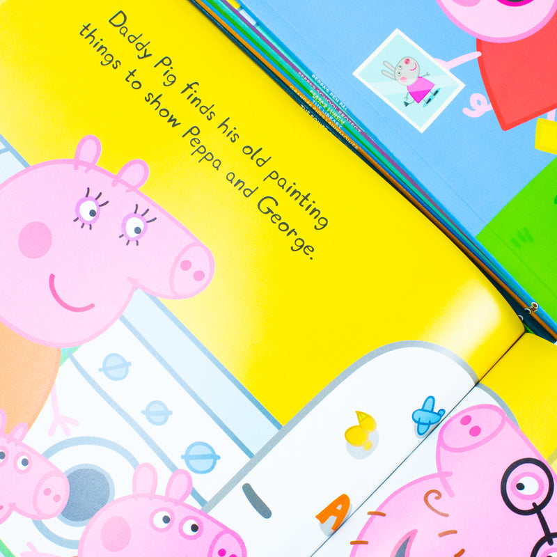Ladybird Peppa Pig purple bag with 10 children's books and CD set, featuring colorful Peppa Pig characters and story titles.