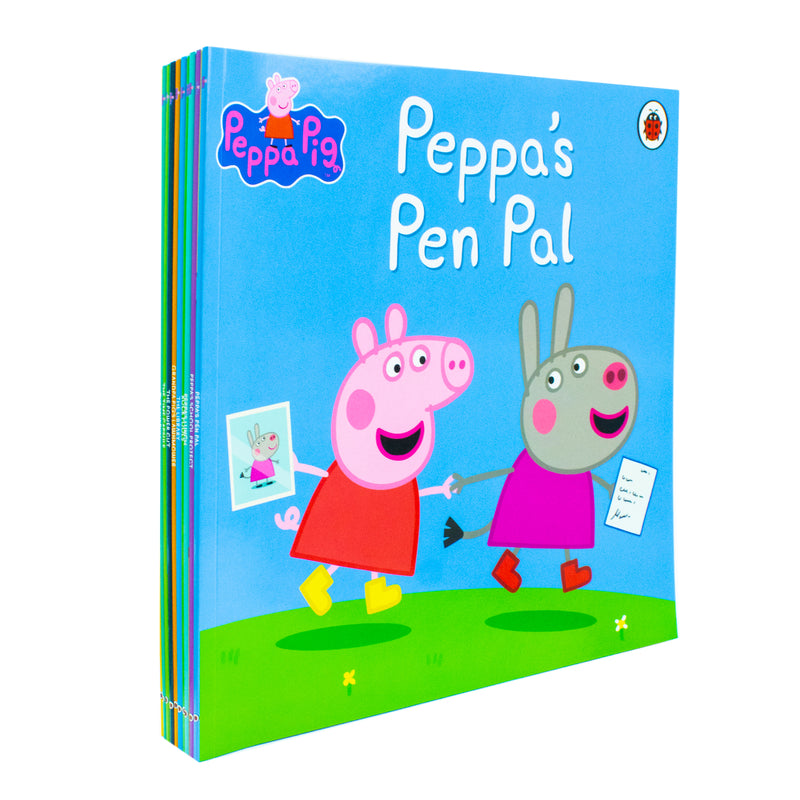 Ladybird Peppa Pig purple bag with 10 book set and CD, featuring colorful children's storybooks and illustrations.