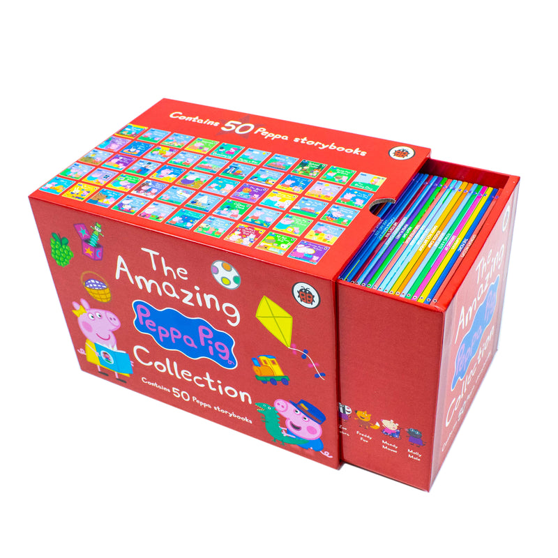 Ladybird books from Peppa Pig The Amazing Collection 1-50 in a red box, featuring colorful illustrations of Peppa Pig characters.