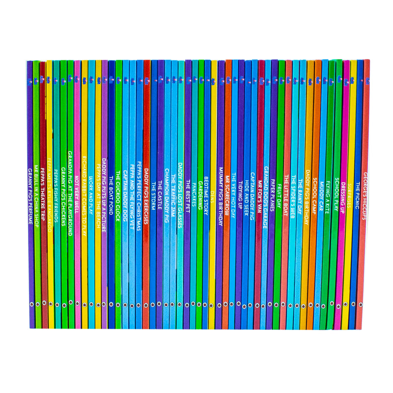 Ladybird books from Peppa Pig The Amazing Collection 1-50 in a red box, featuring colorful illustrations of Peppa Pig characters.