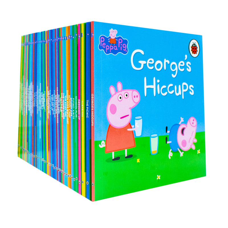 Set of 50 Peppa Pig The Amazing Collection ladybird books in a red box, featuring colorful Peppa Pig illustrations.