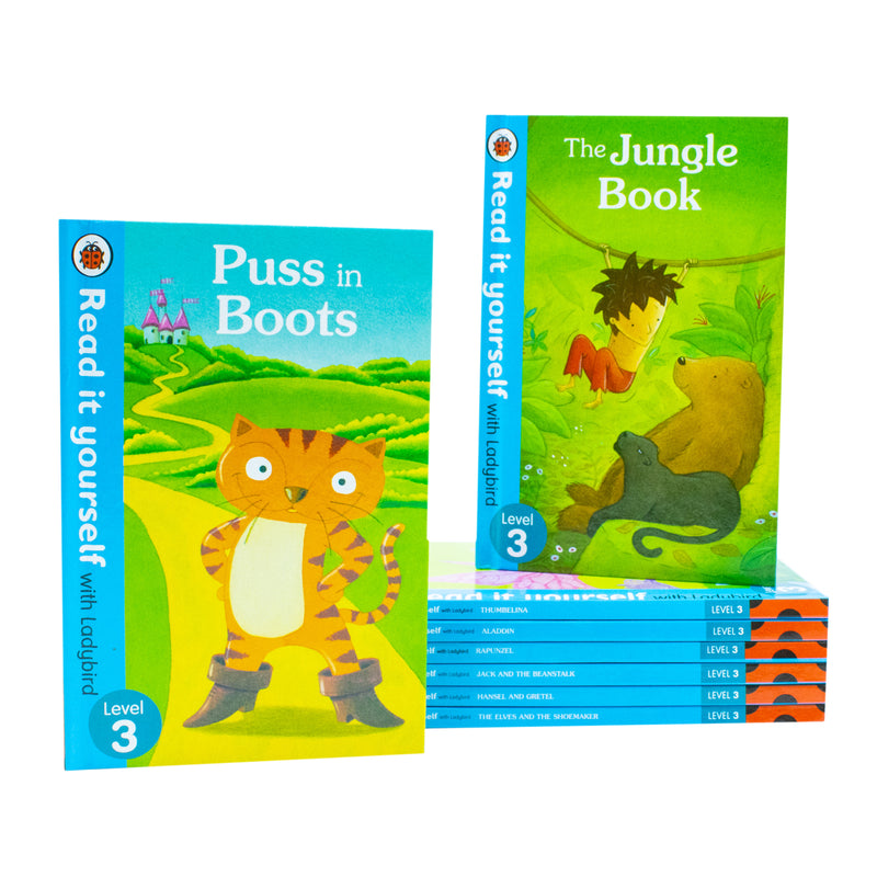 Ladybird Read It Yourself Level 3 Tuck Box with 8 books, including The Elves and the Shoemaker, featuring colorful cover illustrations.