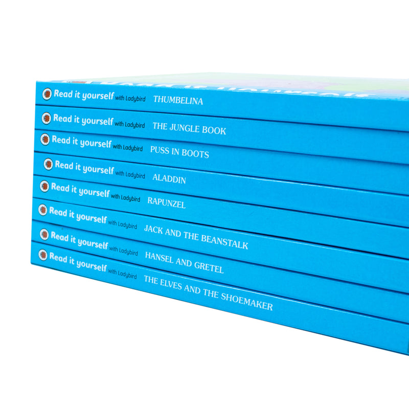 Ladybird Read It Yourself Level 3 Tuck Box with 8 books, including The Elves and the Shoemaker, featuring colorful book covers.