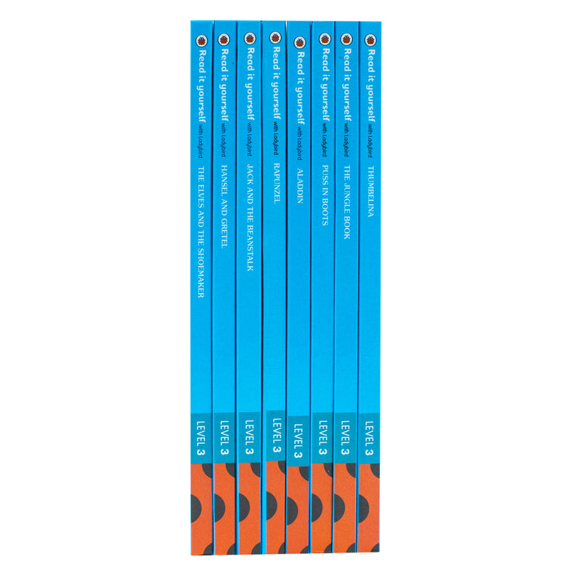 Ladybird Read It Yourself Level 3 tuck box set with 8 books, including The Elves and the Shoemaker, featuring colorful fairy tale illustrations.