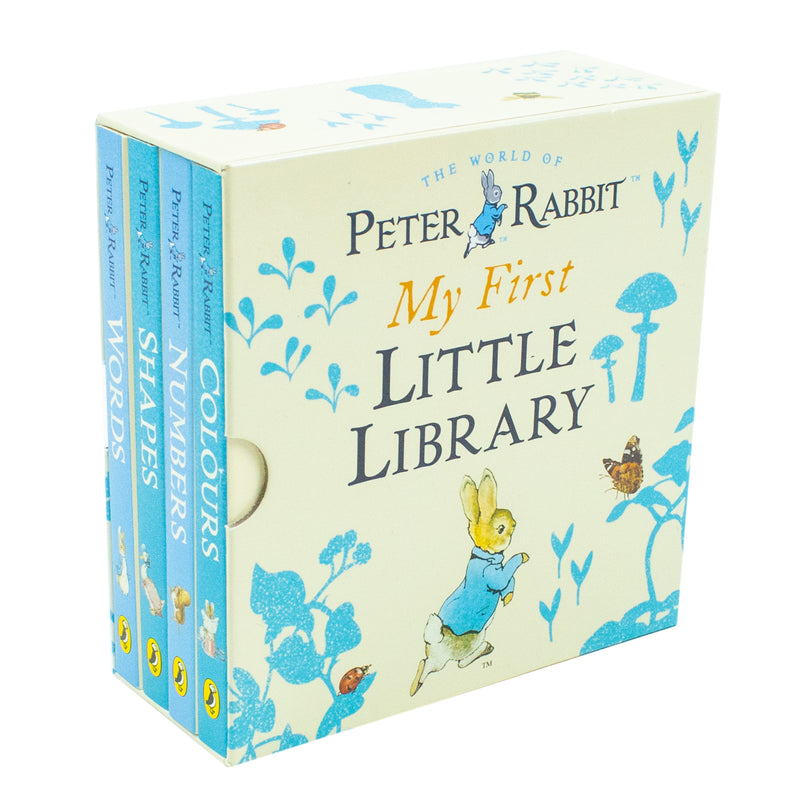 Set of Peter Rabbit My First Little Library board books by Beatrix Potter, featuring words, shapes, numbers, and colors for young children.