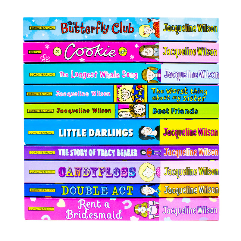 Jacqueline Wilson 10-book collection set by Corgi Ltd. featuring titles like Double Act, Tracy Beaker, Candyfloss, and Rent a Bridesmaid