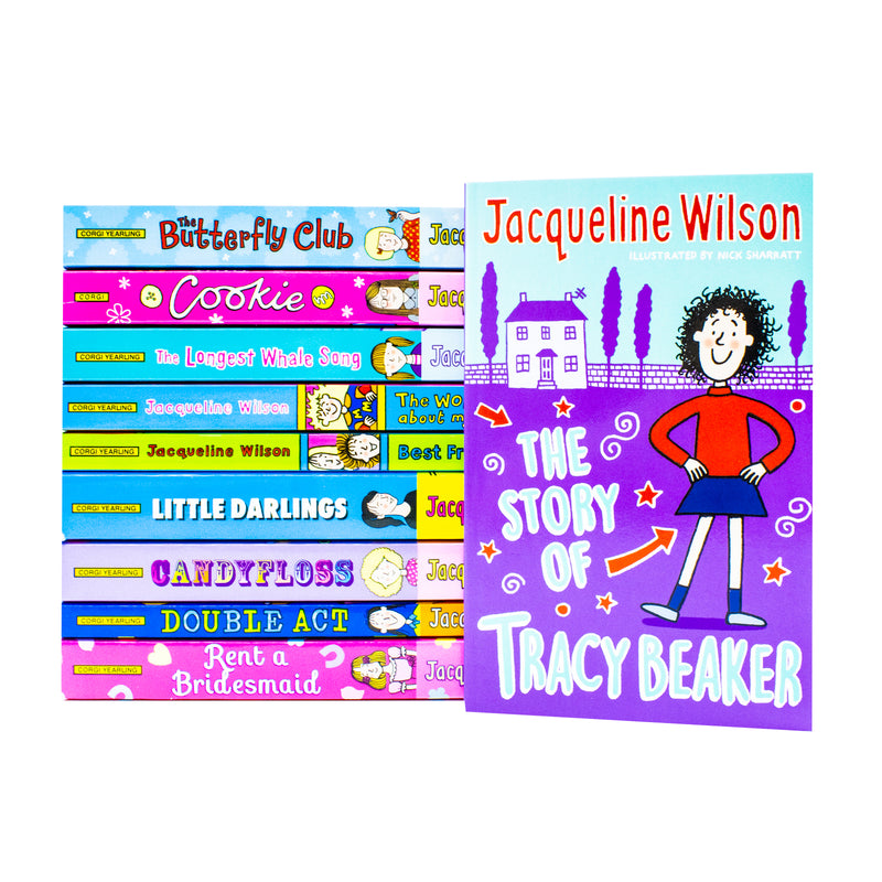 Set of 10 Jacqueline Wilson books by Corgi Ltd., including Double Act, Tracy Beaker, Candyfloss, and Rent a Bridesmaid, shown together.
