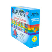 Collection of 12 Mr. Men and Little Miss Adventures paperback books by Roger Hargreaves, featuring colorful character covers.