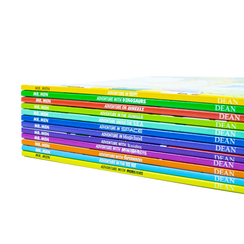 Set of 12 Mr. Men and Little Miss Adventures paperback books by Roger Hargreaves, featuring colorful character covers.