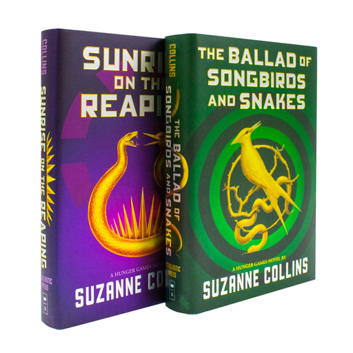 Two hardcover books from Suzanne Collins' The Hunger Games collection, featuring the iconic cover art and titles.