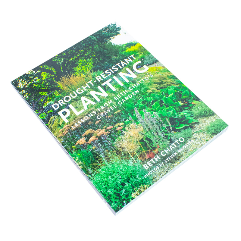 Paperback book titled "Drought-Resistant Planting" by Beth Chatto and Steven Wooster, featuring a cover with garden plants and gravel.