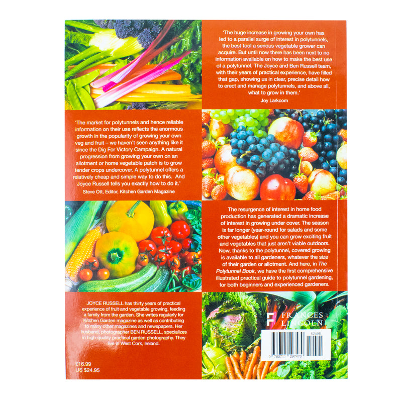 Paperback copy of The Polytunnel Book by Joyce Russell and Ben Russell, featuring fruit and vegetable growing tips for year-round gardening.
