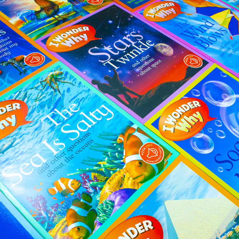 The I Wonder Why Ultimate Collection 20-book box set by The Book Bundle, featuring colorful book spines about music and curiosity.