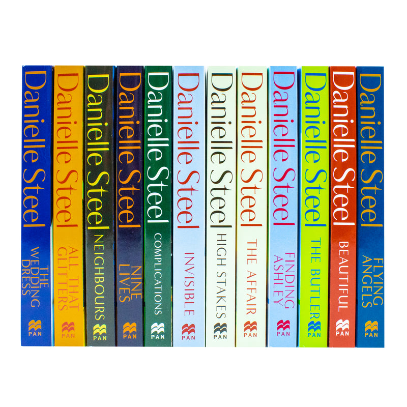 Set of 12 Danielle Steel Collection books including The Wedding Dress and All That Glitters, displayed together in a box set.