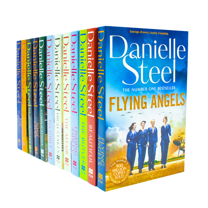 Danielle Steel Collection 12-book box set by Pan Ltd, featuring novels like The Wedding Dress and All That Glitters, in a cardboard box.