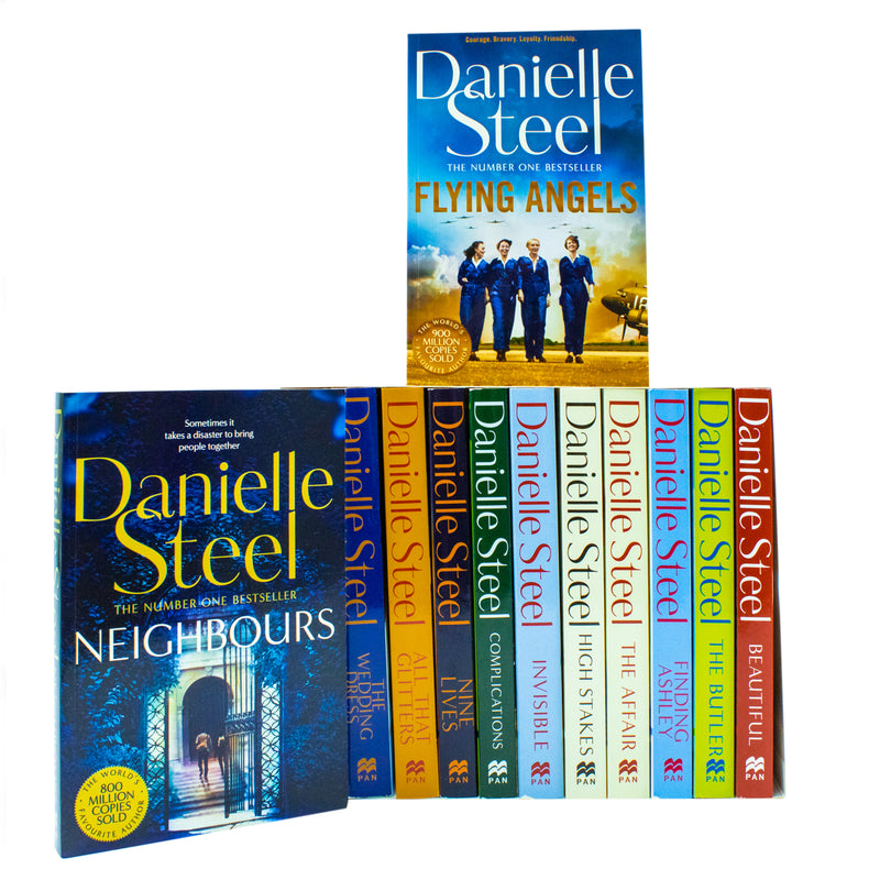 Danielle Steel Collection 12-book box set by Pan Ltd, featuring novels like The Wedding Dress, All That Glitters, Neighbours, and Nine Lives.