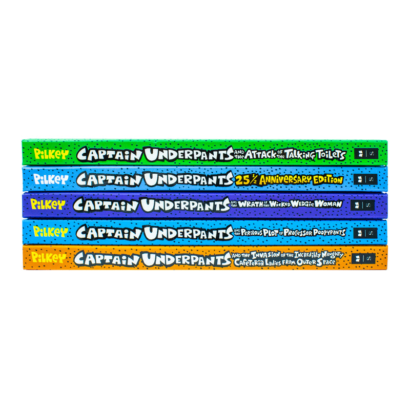 Set of five The Captain Underpants books by Dav Pilkey, including Attack of the Talking Toilets, from the Colossal Color Collection.