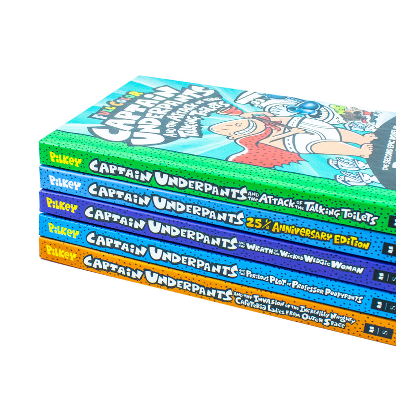 Set of five The Captain Underpants books by Dav Pilkey, including Attack of the Talking Toilets, from the Colossal Color Collection.