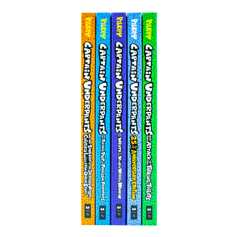 Five-book Captain Underpants collection set by Dav Pilkey featuring colorful covers, including Attack of the Talking Toilets, for kids.