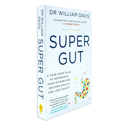 Book cover for "Super Gut" by Dr. William Davis, featuring yellow and white design with title and author name.