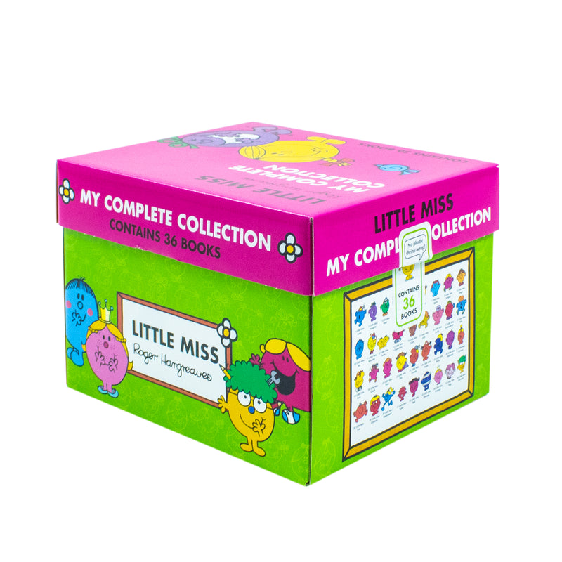 Little Miss 36 Books Collection set by Roger Hargreaves, featuring colorful fictional stories in a box set by Egmont.