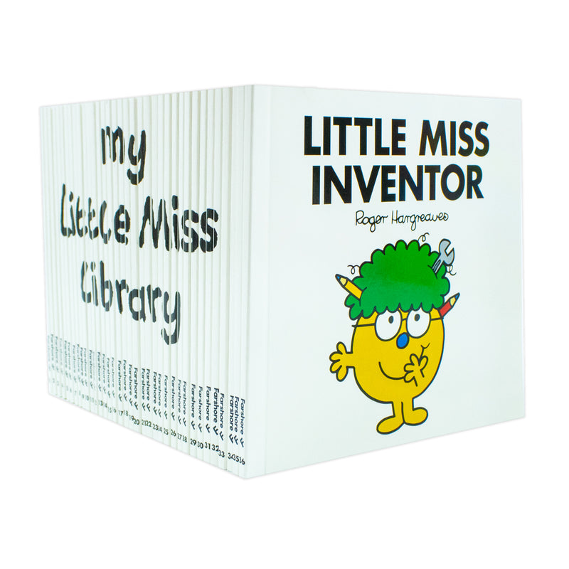 Collection of 36 Little Miss books by Roger Hargreaves in a box set, featuring colorful covers and characters from the popular fiction series.