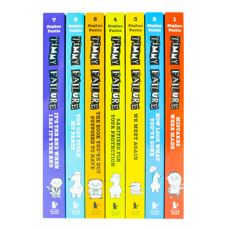 Seven-book Timmy Failure series collection by Stephan Pastis, featuring colorful book covers and illustrations from Walker Books.