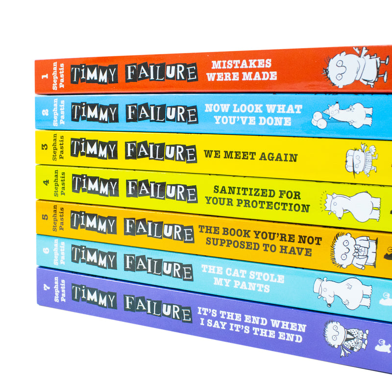 Seven-book Timmy Failure series collection by Stephan Pastis, featuring colorful covers from Walker Books.