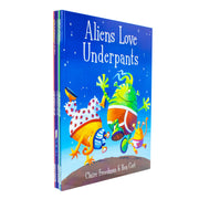 Set of six Aliens Love Underpants children's books by Claire Freedman and Ben Cort, featuring colorful illustrations of playful aliens.