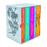 A box set of five paperback fantasy books from Sarah J. Maas's A Court of Thorns and Roses series published by Bloomsbury Publishing.