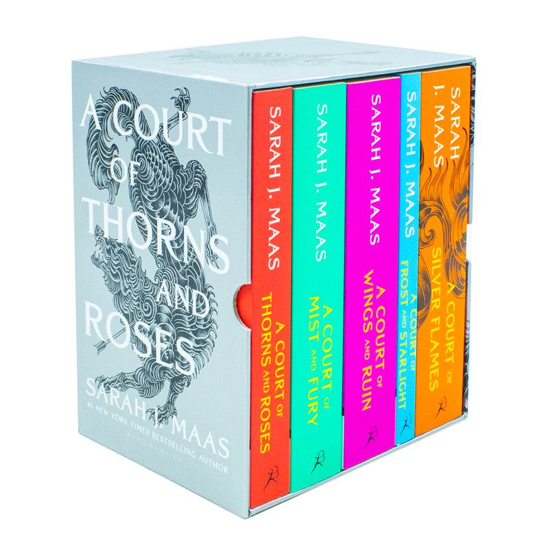 A box set of five paperback fantasy books from Sarah J. Maas's A Court of Thorns and Roses series published by Bloomsbury Publishing.