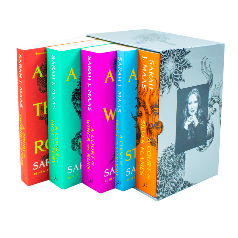 A set of five paperback fantasy books from the A Court of Thorns and Roses collection by Sarah J. Maas, published by Bloomsbury Publishing.