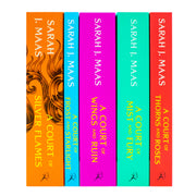 A box set of five paperback fantasy books from the "A Court of Thorns and Roses" series by Sarah J. Maas, published by Bloomsbury.