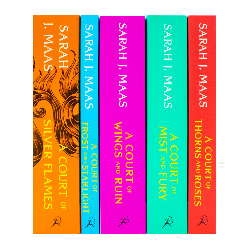 A box set of five paperback fantasy books from the "A Court of Thorns and Roses" series by Sarah J. Maas, published by Bloomsbury.