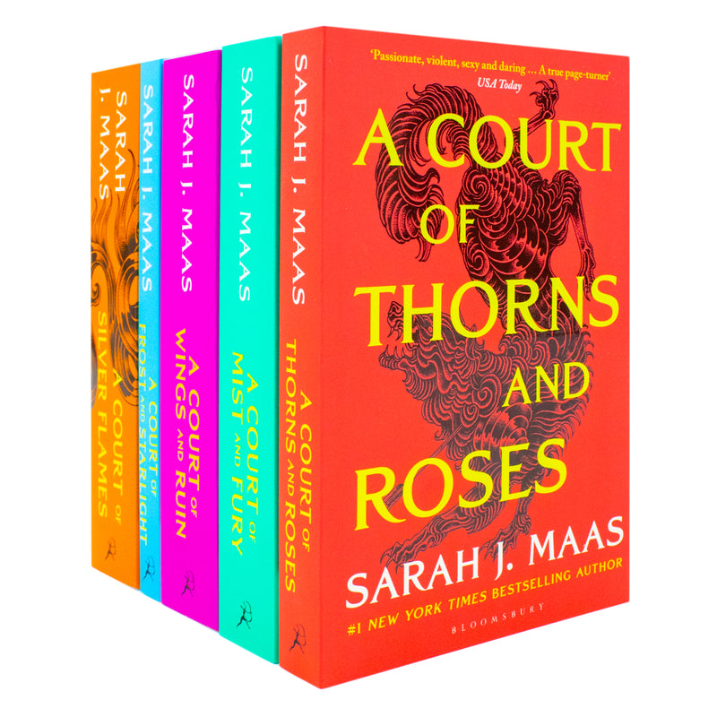 A box set of five paperback fantasy novels from Sarah J. Maas's A Court of Thorns and Roses series, published by Bloomsbury Publishing.
