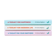 Set of three hardcover books by Dr Emma Hepburn from Greenfinch Ltd, focusing on happiness, modern life, and emotions.