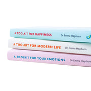 Set of three hardcover books by Dr Emma Hepburn on happiness, modern life, and emotions, published by Greenfinch Ltd.