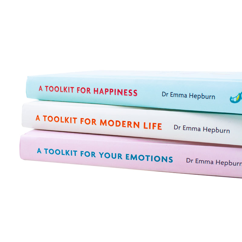 Set of three hardcover books by Dr Emma Hepburn on happiness, modern life, and emotions, published by Greenfinch Ltd.